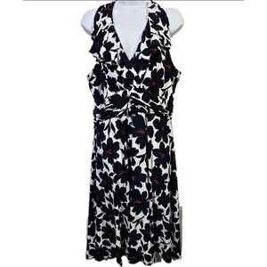 Evan Picone dress Floral Deep V sleevless Size 14 Blue White Red